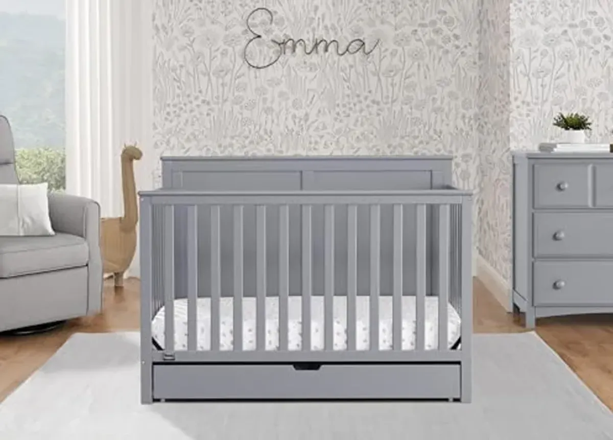 Simmons Kids Logan 6-in-1 Convertible Crib with Underdrawer - Greenguard Gold Certified, Grey + Simmons Kids Silver Nights Dual Sided 2-Stage Antimicrobial Baby Crib Mattress (Bundle)