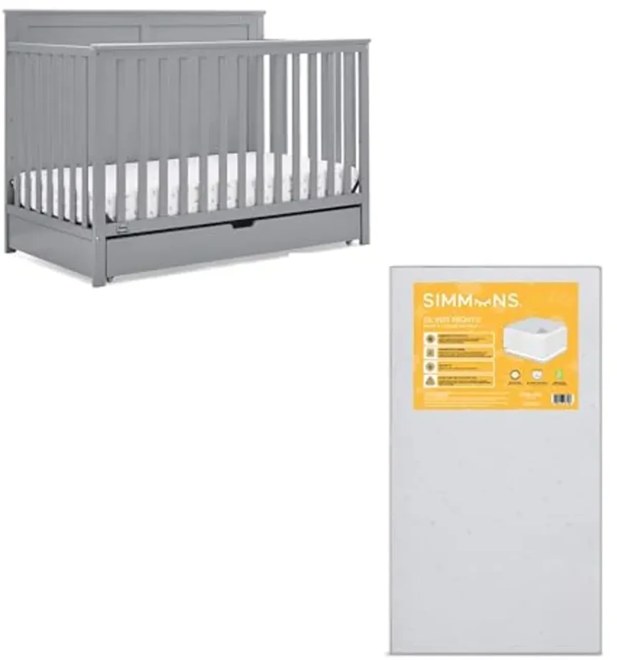 Simmons Kids Logan 6-in-1 Convertible Crib with Underdrawer - Greenguard Gold Certified, Grey + Simmons Kids Silver Nights Dual Sided 2-Stage Antimicrobial Baby Crib Mattress (Bundle)