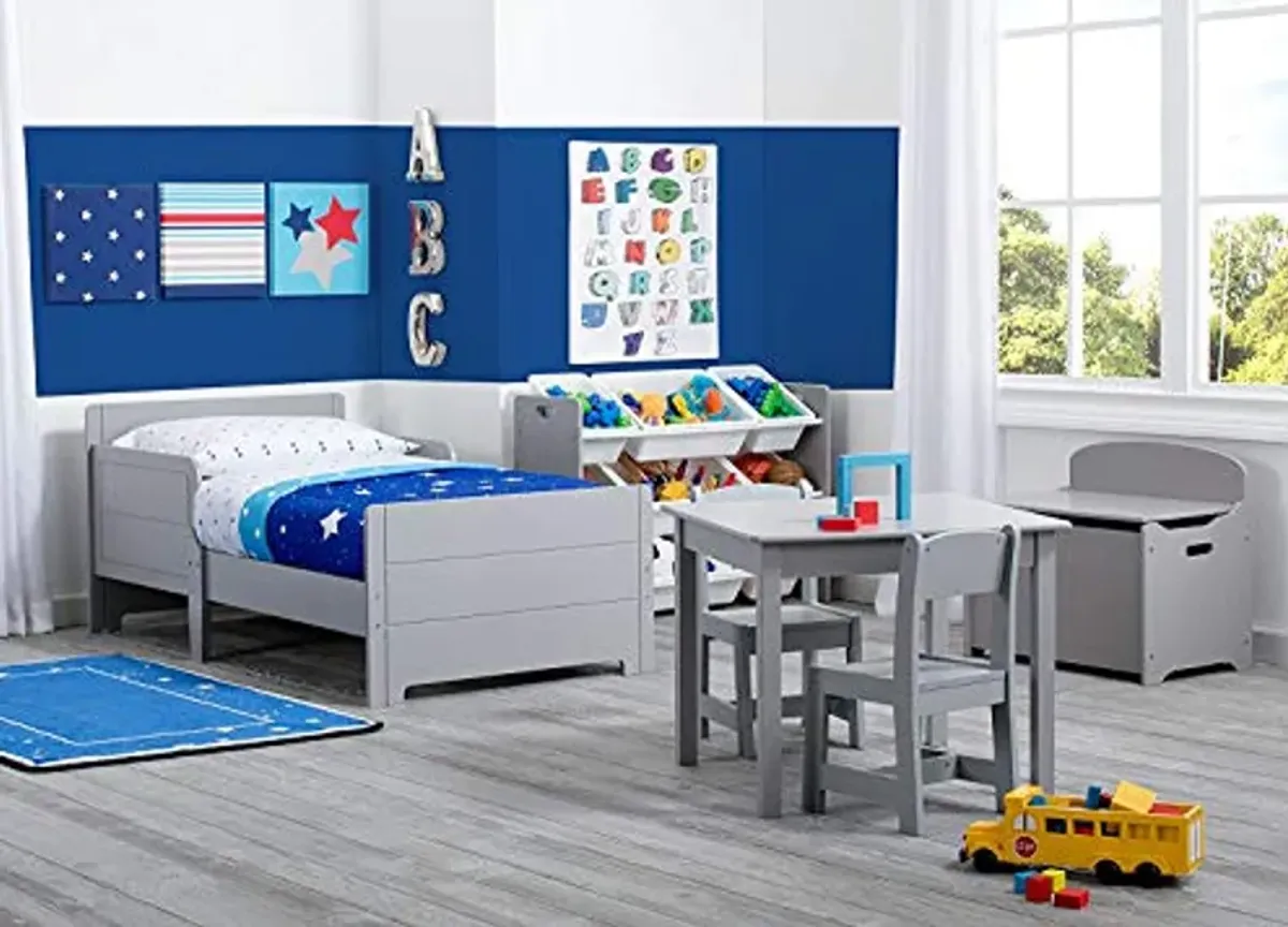 Delta Children MySize Toddler Bed, Grey + MySize Kids Wood Table and 2 Chair Set + MySize Deluxe Toy Box (Bundle)