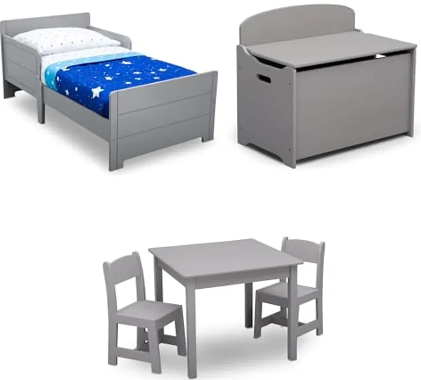 Delta Children MySize Toddler Bed, Grey + MySize Kids Wood Table and 2 Chair Set + MySize Deluxe Toy Box (Bundle)