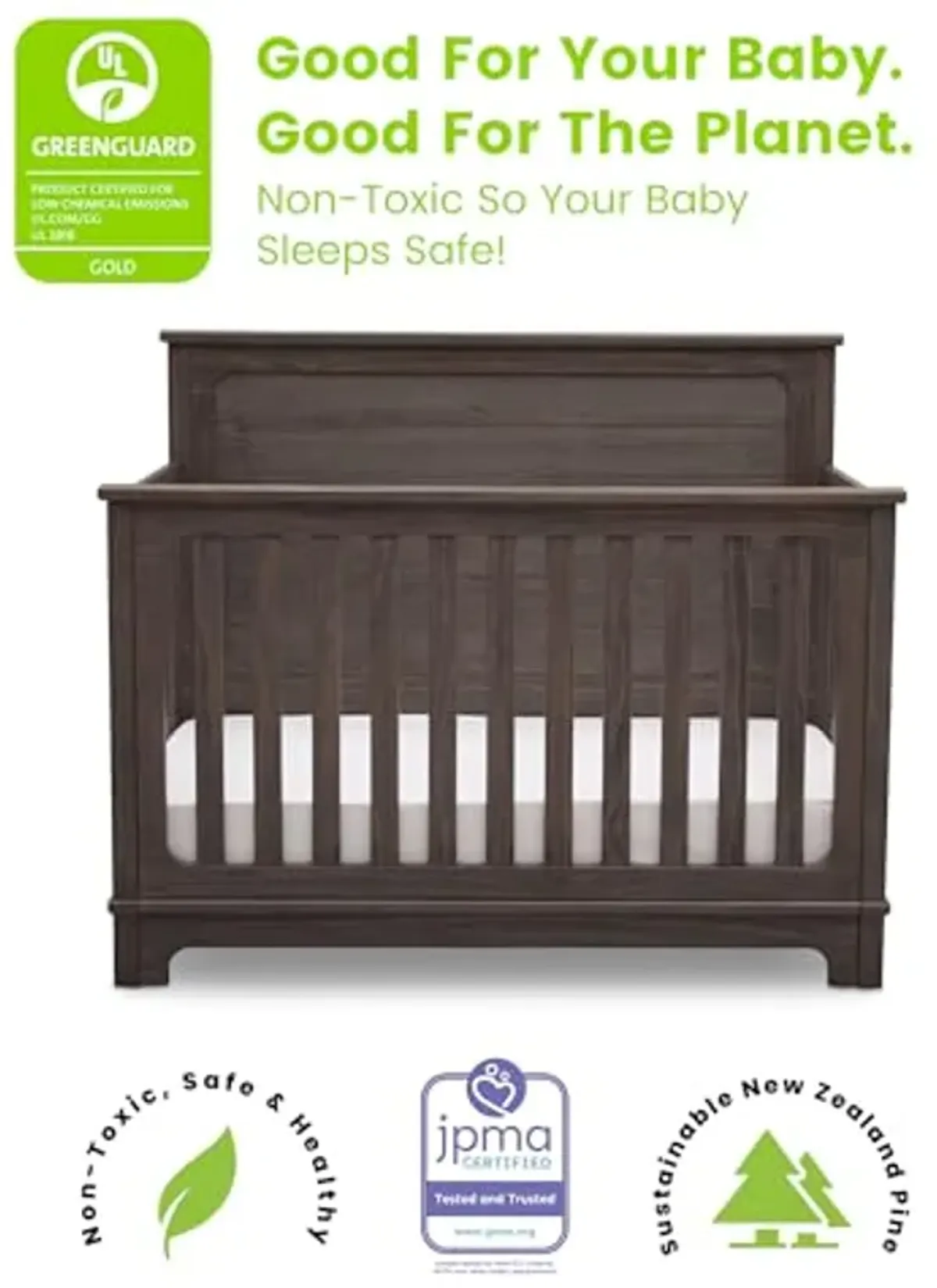 Delta Children Simmons Kids Slumbertime Monterey 4-in-1 Convertible Crib, Rustic Grey + Simmons Kids Quiet Nights Breathable Baby Bed Crib Mattress with Removable/Machine Washable Cover (Bundle)