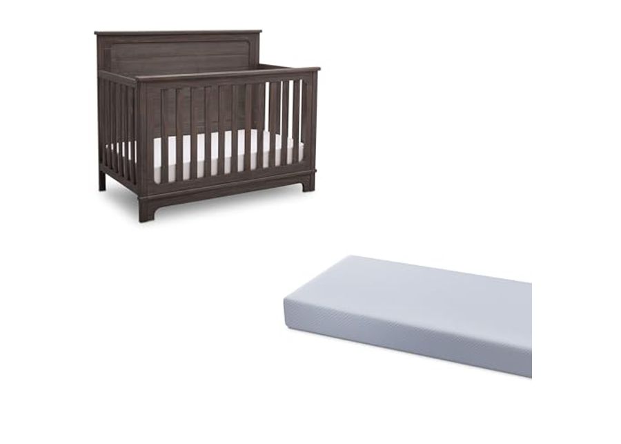 Delta Children Simmons Kids Slumbertime Monterey 4-in-1 Convertible Crib, Rustic Grey + Simmons Kids Quiet Nights Breathable Baby Bed Crib Mattress with Removable/Machine Washable Cover (Bundle)