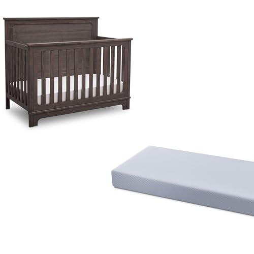 Delta Children Simmons Kids Slumbertime Monterey 4-in-1 Convertible Crib, Rustic Grey + Simmons Kids Quiet Nights Breathable Baby Bed Crib Mattress with Removable/Machine Washable Cover (Bundle)