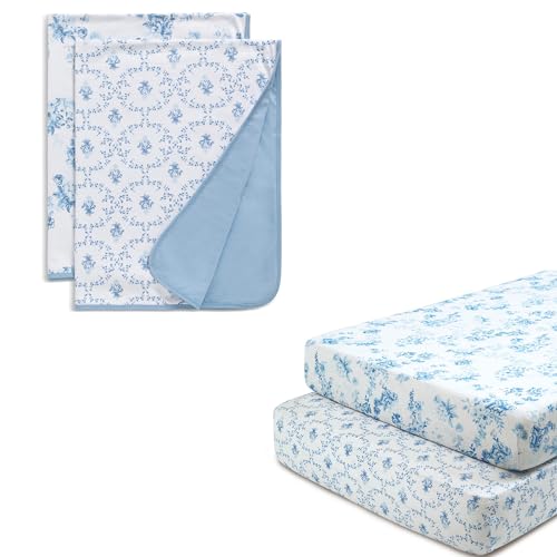 Delta Children 100% Organic Cotton Fitted Crib Sheets, Blue Botanicals + 100% Organic Jersey Cotton Baby Receiving Blankets – 30x40 Inches - GOTS Certified (Pack of 2) (Bundle)