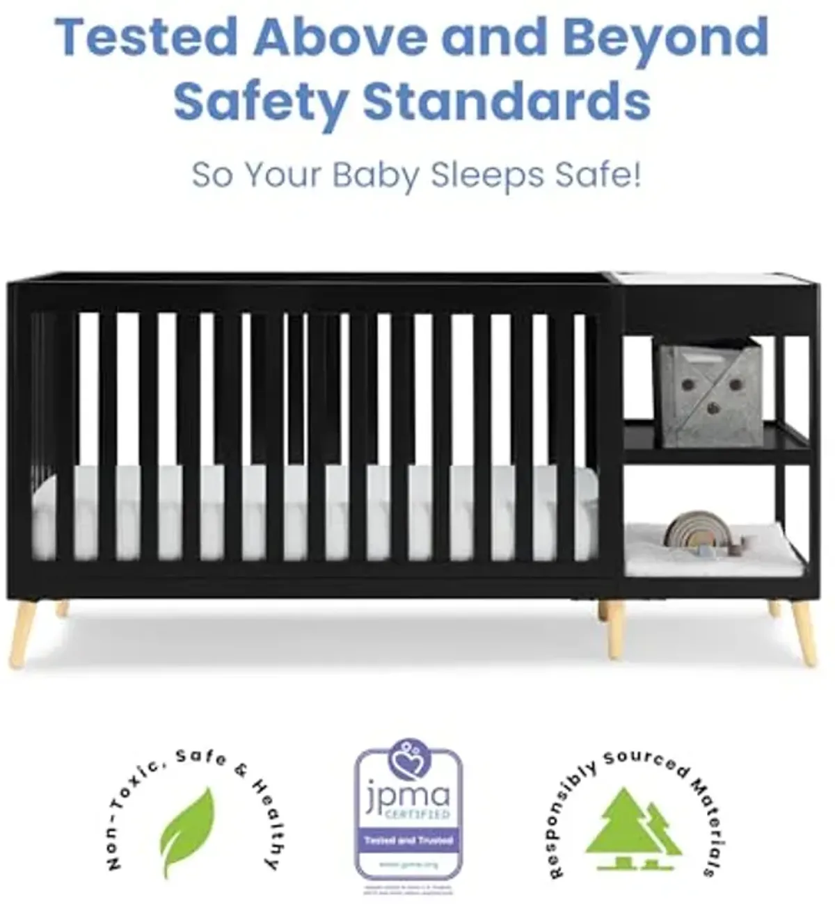 Delta Children Essex 4-in-1 Convertible Crib and Changer, Black Ebony w/Natural Knobs Twinkle Galaxy Dual Sided Recycled Fiber Core Crib and Toddler Mattress (Bundle)