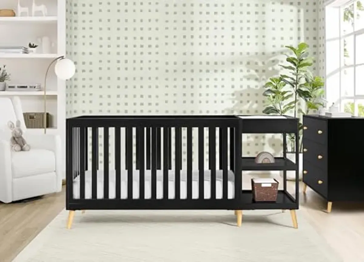 Delta Children Essex 4-in-1 Convertible Crib and Changer, Black Ebony w/Natural Knobs Twinkle Galaxy Dual Sided Recycled Fiber Core Crib and Toddler Mattress (Bundle)