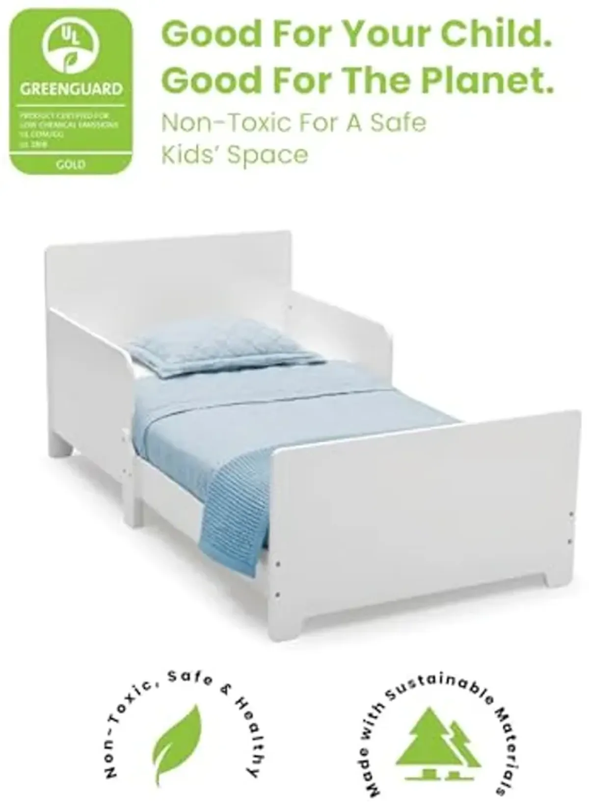 Delta Children MySize Toddler Bed, Bianca White + MySize Kids Wood Table and 2 Chair Set + MySize Deluxe Toy Box (Bundle)