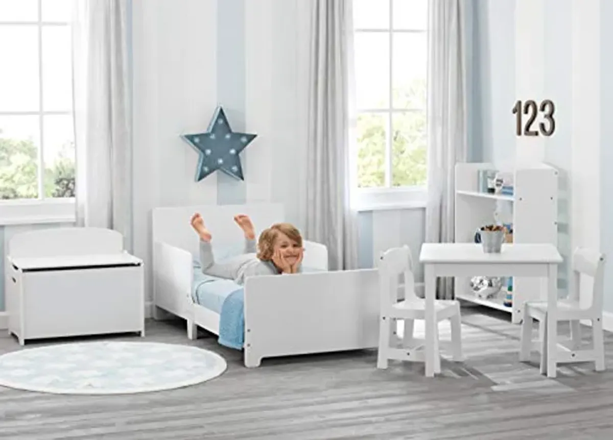 Delta Children MySize Toddler Bed, Bianca White + MySize Kids Wood Table and 2 Chair Set + MySize Deluxe Toy Box (Bundle)