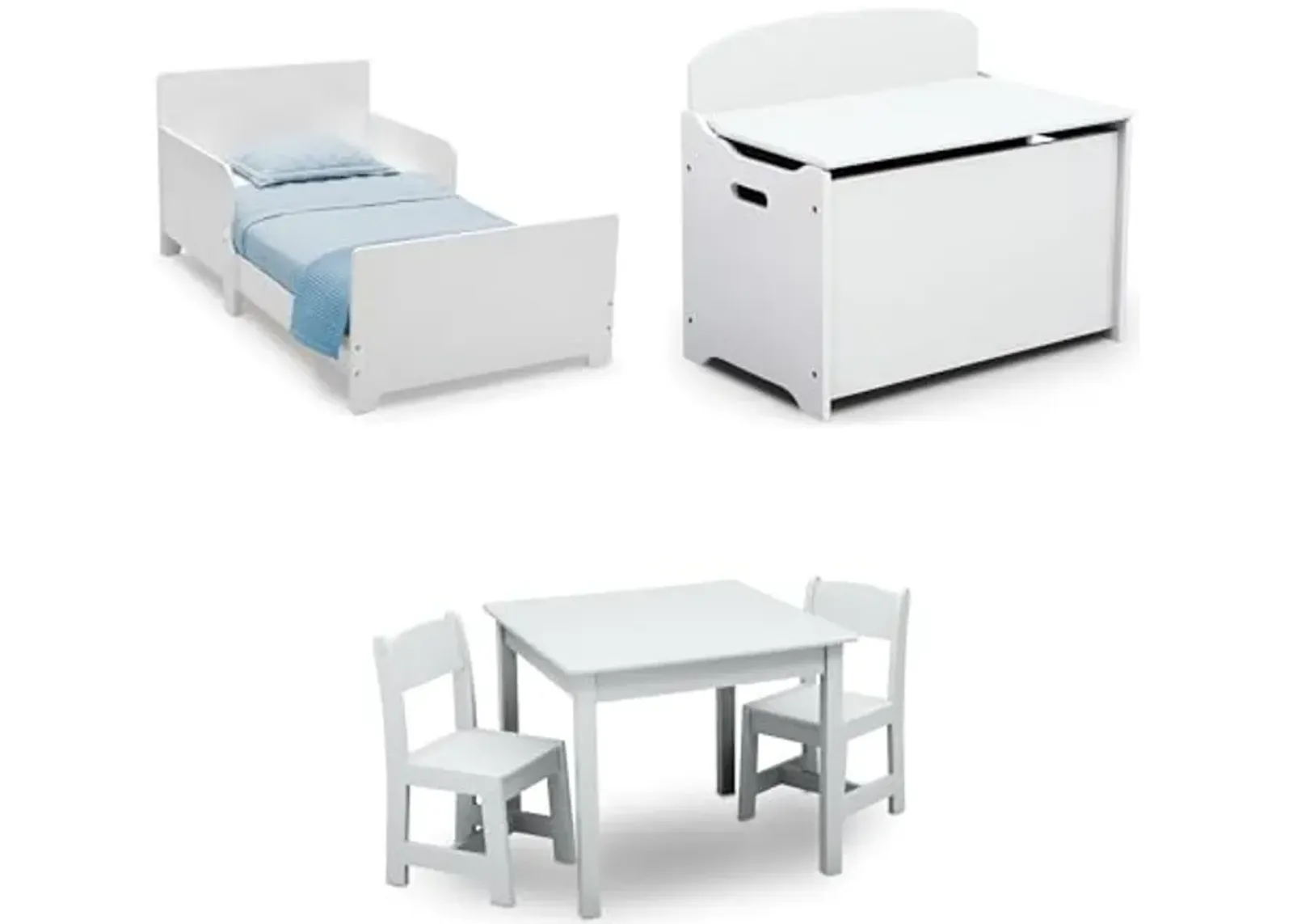 Delta Children MySize Toddler Bed, Bianca White + MySize Kids Wood Table and 2 Chair Set + MySize Deluxe Toy Box (Bundle)