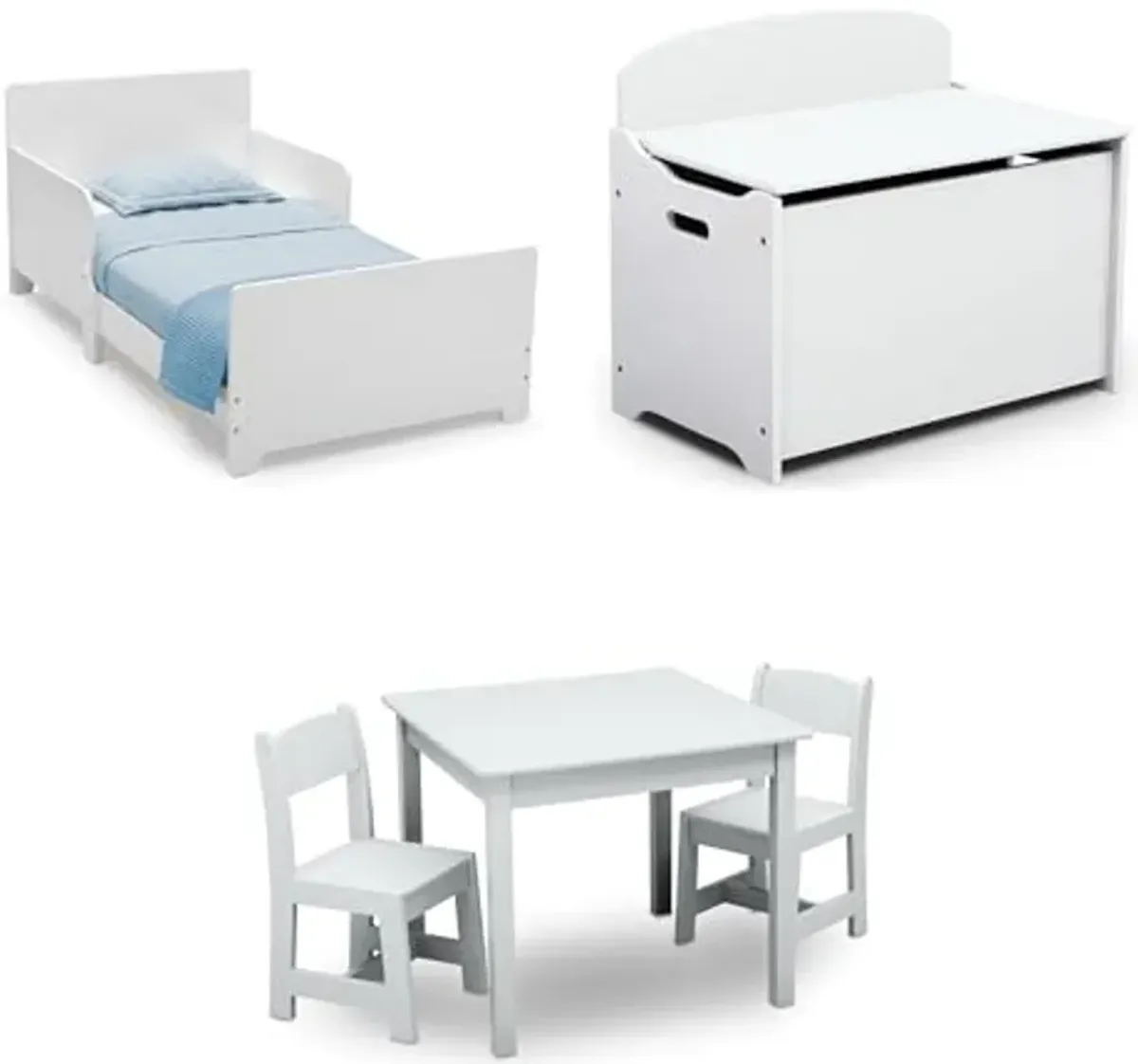 Delta Children MySize Toddler Bed, Bianca White + MySize Kids Wood Table and 2 Chair Set + MySize Deluxe Toy Box (Bundle)