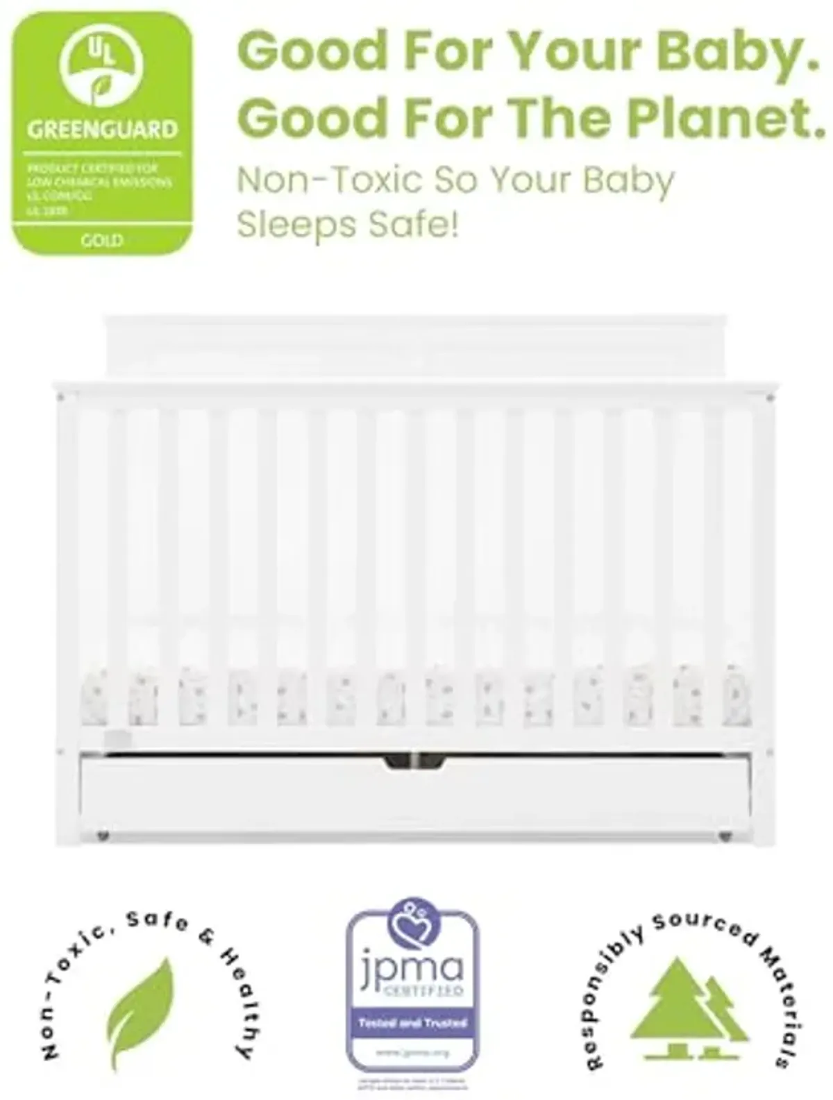 Simmons Kids Logan 6-in-1 Convertible Crib with Underdrawer - Greenguard Gold Certified, Bianca White + Simmons Kids Silver Nights Dual Sided 2-Stage Antimicrobial Baby Crib Mattress (Bundle)