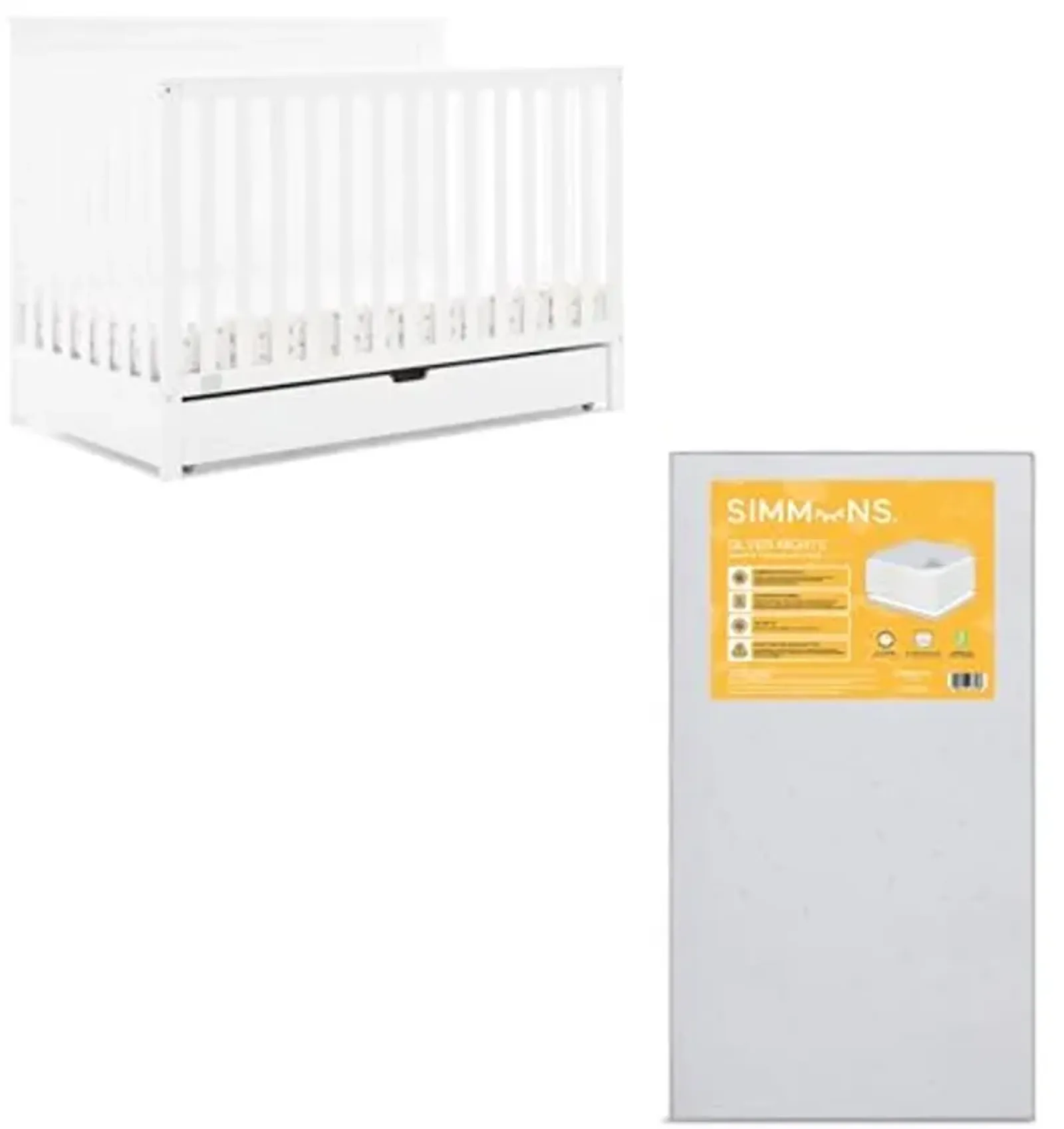 Simmons Kids Logan 6-in-1 Convertible Crib with Underdrawer - Greenguard Gold Certified, Bianca White + Simmons Kids Silver Nights Dual Sided 2-Stage Antimicrobial Baby Crib Mattress (Bundle)