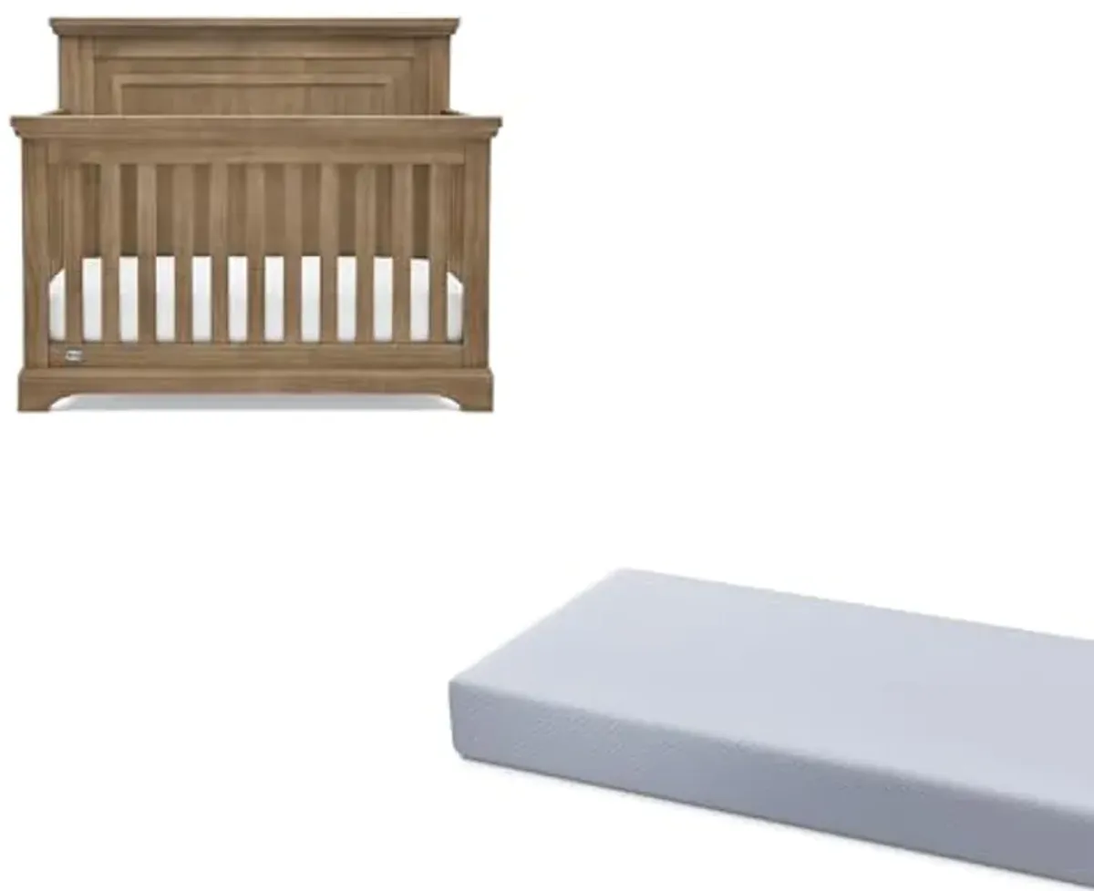 Simmons Kids Paloma 4-in-1 Convertible Crib, Greenguard Gold Certified, Aged Oak + Simmons Kids Quiet Nights Breathable Baby Bed Crib Mattress with Removable/Machine Washable Cover (Bundle)