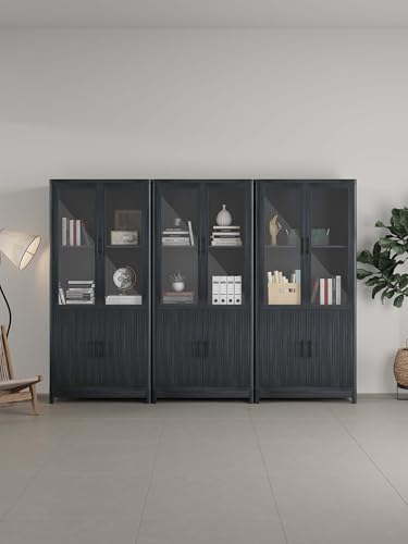 Manhattan Comfort 3 Piece- Mid Century- Modern Jodie Bookcase with Adjustable Shelves and Tempered Glass Doors, Charcoal Grey