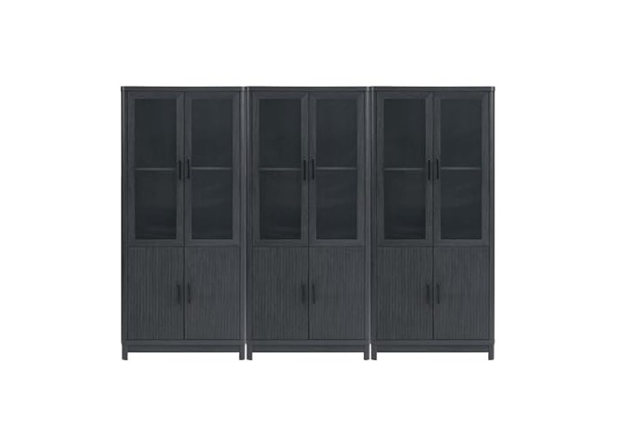 Manhattan Comfort 3 Piece- Mid Century- Modern Jodie Bookcase with Adjustable Shelves and Tempered Glass Doors, Charcoal Grey