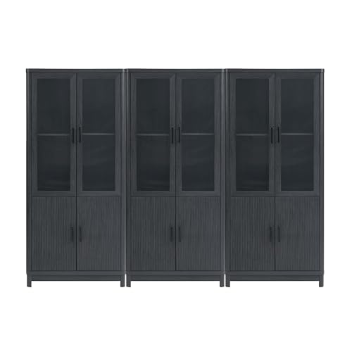 Manhattan Comfort 3 Piece- Mid Century- Modern Jodie Bookcase with Adjustable Shelves and Tempered Glass Doors, Charcoal Grey