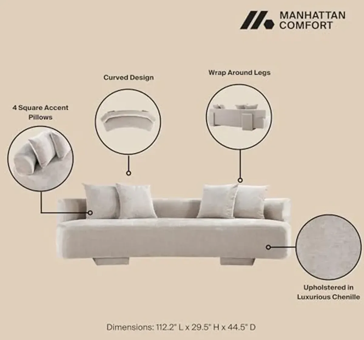 Manhattan Comfort Verandah 112” Chenille Sofa with 4 Accent Pillows, Curved Back, Upholstered Wrap Around Legs, Mid-Century Modern Living Room Furniture, Fully Assembled XL Couch, Beige