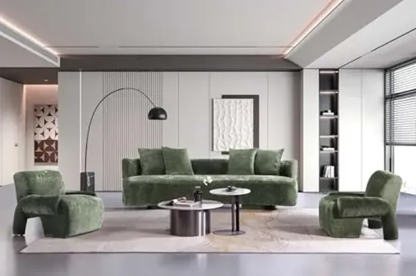 Manhattan Comfort Verandah 3-Piece Living Room Set, 112" Modern Sofa and 2 Accent Chairs, Upholstered in Chenille Fabric, Throw Pillows Included, Fully Assembled Couches, Olive Green