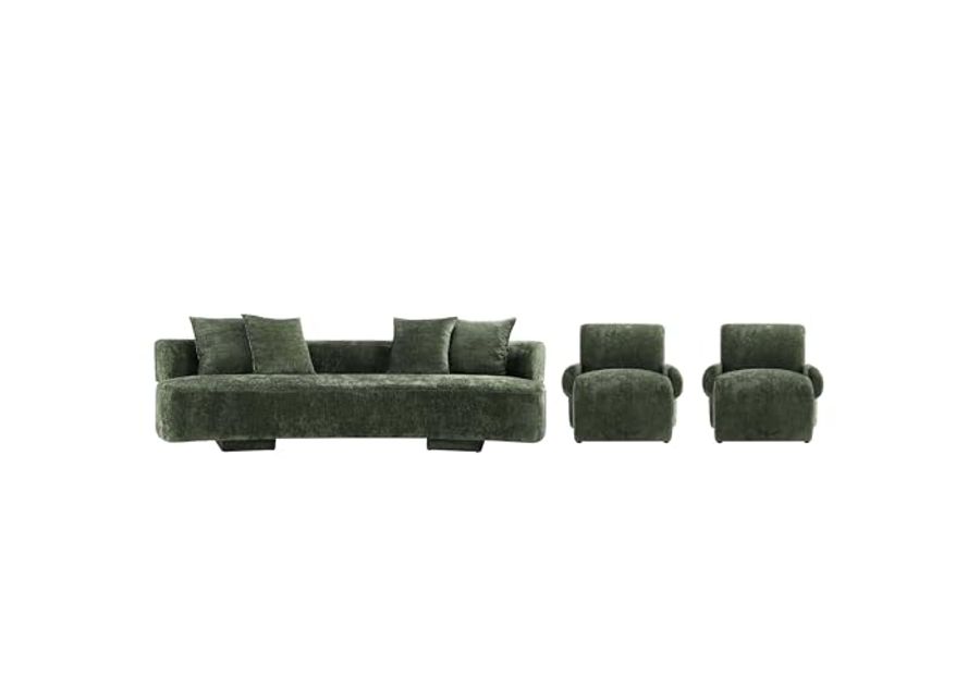 Manhattan Comfort 3- Piece Modern Verandah Chenille 112" Sofa and 2 Accent Chairs, Olive Green