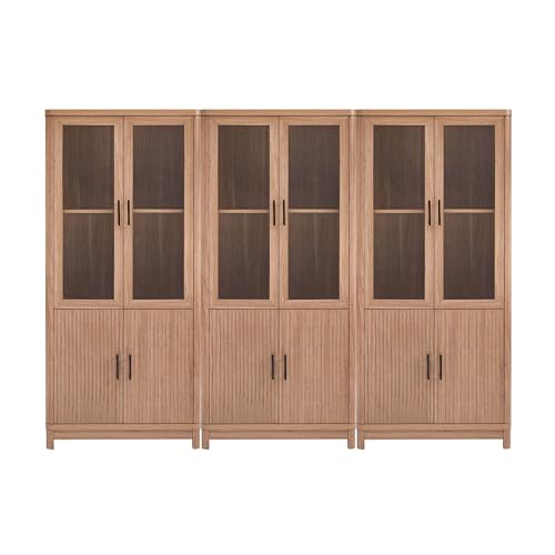 Manhattan Comfort 3 Piece- Mid Century- Modern Jodie Bookcase with Adjustable Shelves and Tempered Glass Doors, Maple