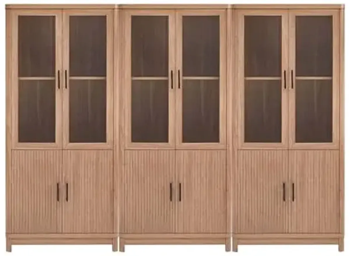 Manhattan Comfort Jodie Bookcase Elegant Bookshelf with 6 Adjustable Shelves, Tempered Glass Doors, Ribbed Wood Accents, Modern Storage Cabinet for Living Room or Home Office Set of 3 in Maple