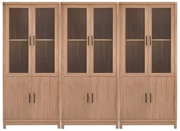 Manhattan Comfort Jodie Bookcase Elegant Bookshelf with 6 Adjustable Shelves, Tempered Glass Doors, Ribbed Wood Accents, Modern Storage Cabinet for Living Room or Home Office Set of 3 in Maple