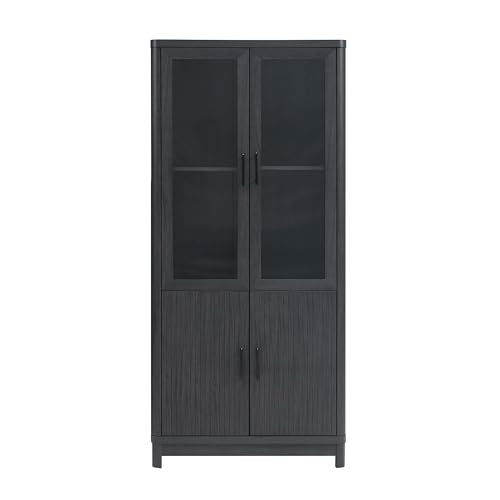 Manhattan Comfort Mid Century- Modern Jodie Bookcase with Adjustable Shelves and Tempered Glass Doors, Charcoal Grey