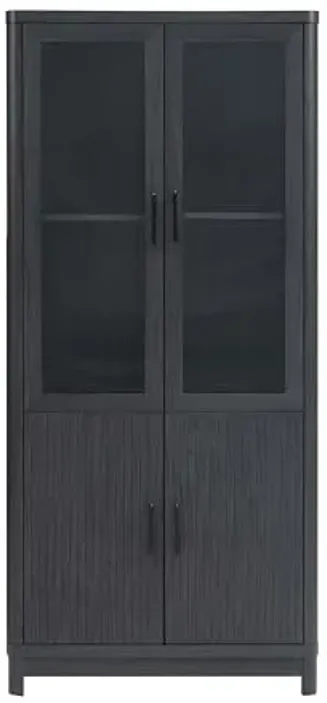 Manhattan Comfort Jodie Bookcase Elegant Bookshelf with 6 Adjustable Shelves, Tempered Glass Doors, Ribbed Wood Accent, Modern Storage Cabinet for Living Room, Library, or Home Office in Charcoal Grey