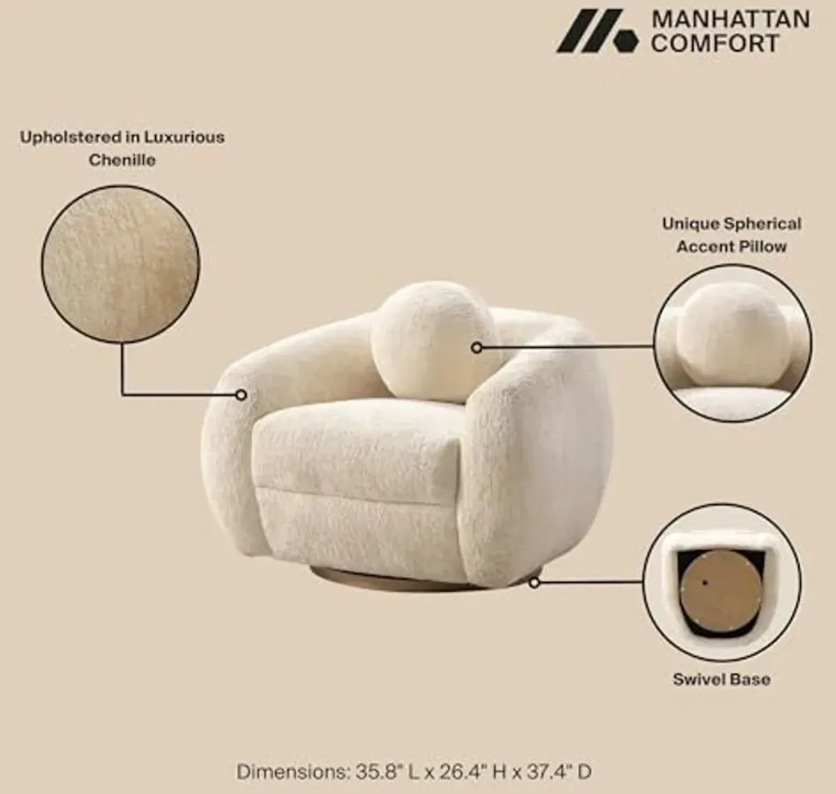 Manhattan Comfort Tribeca Swivel Accent Chairs Set of 2, Upholstered in Chenille, Kiln-Dried Birch Wood Frame, Ideal for Modern Living Room, Includes Round Pillow, Fully Assembled, Cream