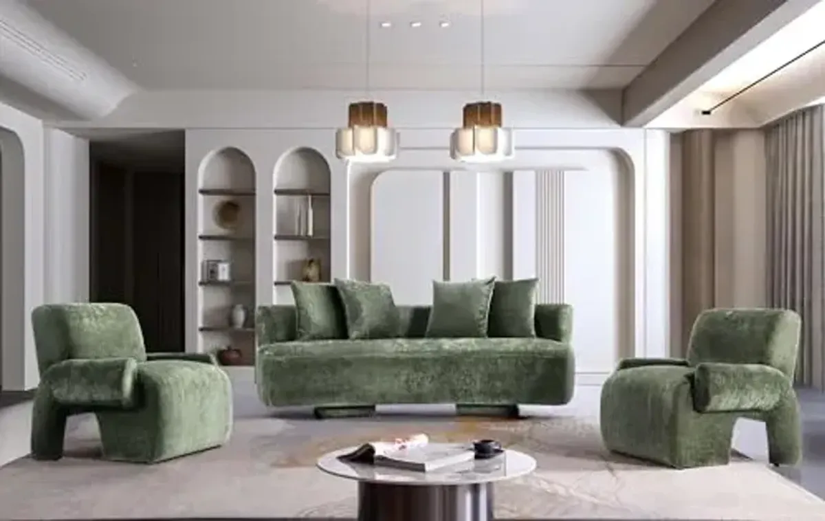 Manhattan Comfort Verandah 3-Piece Living Room Set, 90" Modern Sofa and 2 Accent Chairs, Upholstered in Chenille Fabric, Throw Pillows Included, Fully Assembled Couches, Olive Green