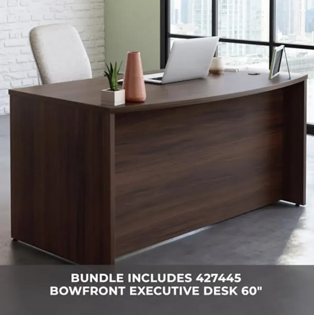 OfficeWorks by Sauder 60" x 35" Bowfront Desk with Lateral File, Noble Elm Finish