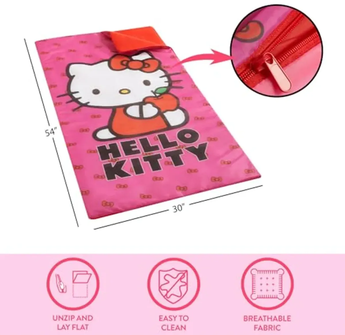 Sanrio Hello Kitty 2 Piece Slumber Set with Sling Bag and Sleeping Bag with Zip Around Closure, 54"x30"