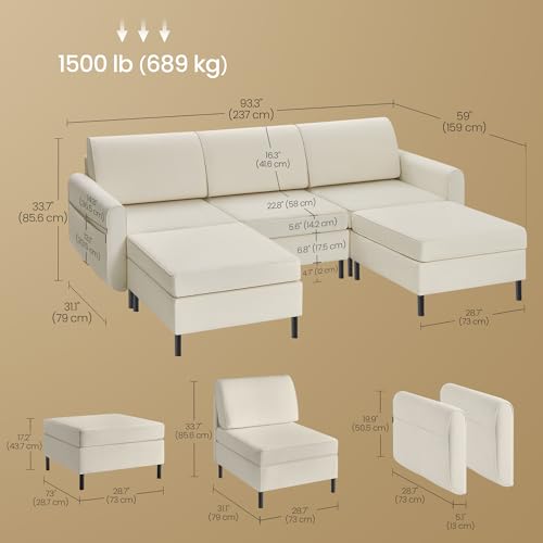 SONGMICS HOME COMBIE Collection - Modular Sectional Sofa, Convertible U-Shaped Couch, 5-Seat, with Ottoman, Deep Seat, Tall Legs, Modern Style, for Living Room, Cream White ULCS063W01