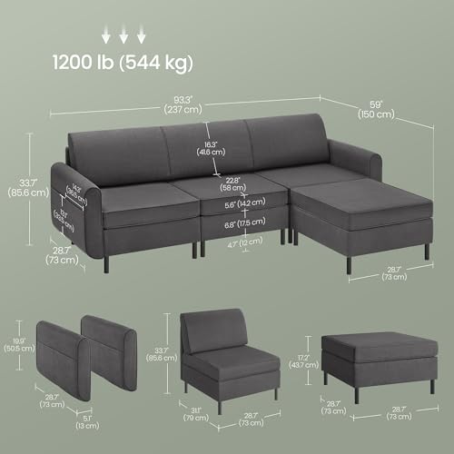 SONGMICS HOME COMBIE Collection - Modular Sectional Sofa, Convertible L-Shaped Couch, 4-Seat, with Ottoman, Deep Seat, Tall Legs, Modern Style, for Living Room, Slate Gray ULCS062G01