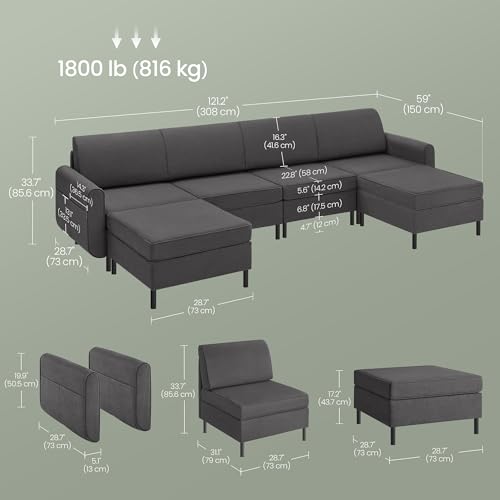 SONGMICS HOME COMBIE Collection - Modular Sectional Sofa, Convertible U-Shaped Couch, 6-Seat, with Ottoman, Deep Seat, Tall Legs, Modern Style, for Living Room, Slate Gray ULCS064G01