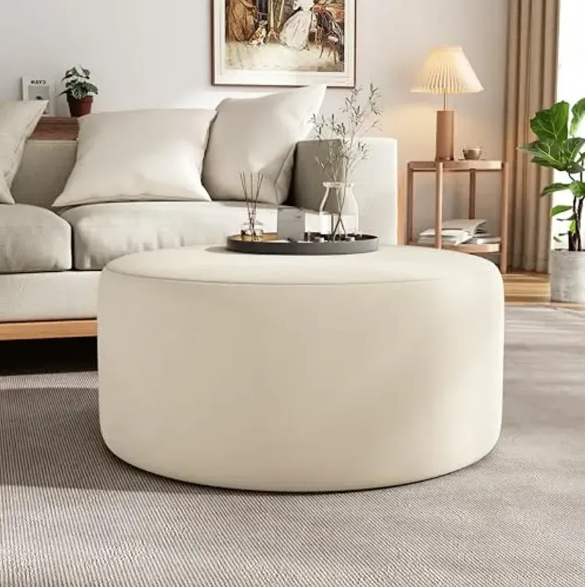 Christopher Knight Home 30" Ottoman Foot Stool Round,Velvet Pouf Footstool Ottoman Seat,Modern Side Table for Living Room Bedroom Home Decor,Cream
