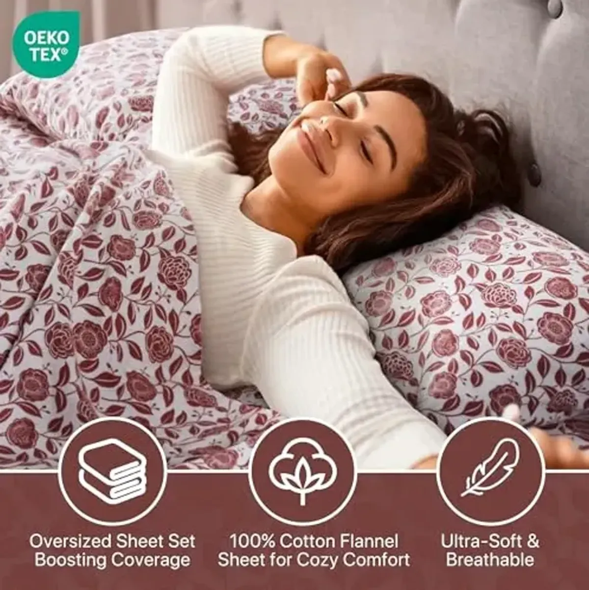 Beautyrest Cotton Sheet Set Cozy Print 100% Cotton Flannel Sheets Warm & Fuzzy Bedding Set, Oversized Sheets, Deep Pocket Fits Up to 16" Mattress Queen Bed Sheets Queen Rust Floral 4 Piece