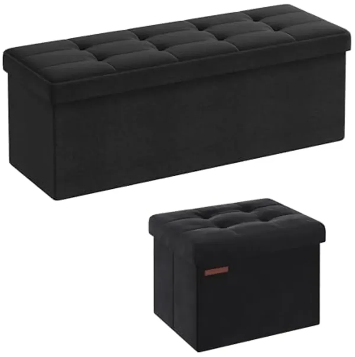 SONGMICS 2-Item Bundle - 43 Inches Folding Storage Ottoman and Foldable Velvet Storage Ottoman, Storage Chest, Foot Rest Stool, Bedroom Bench with Storage, Ink Black ULSF077B01 and ULSF200B01