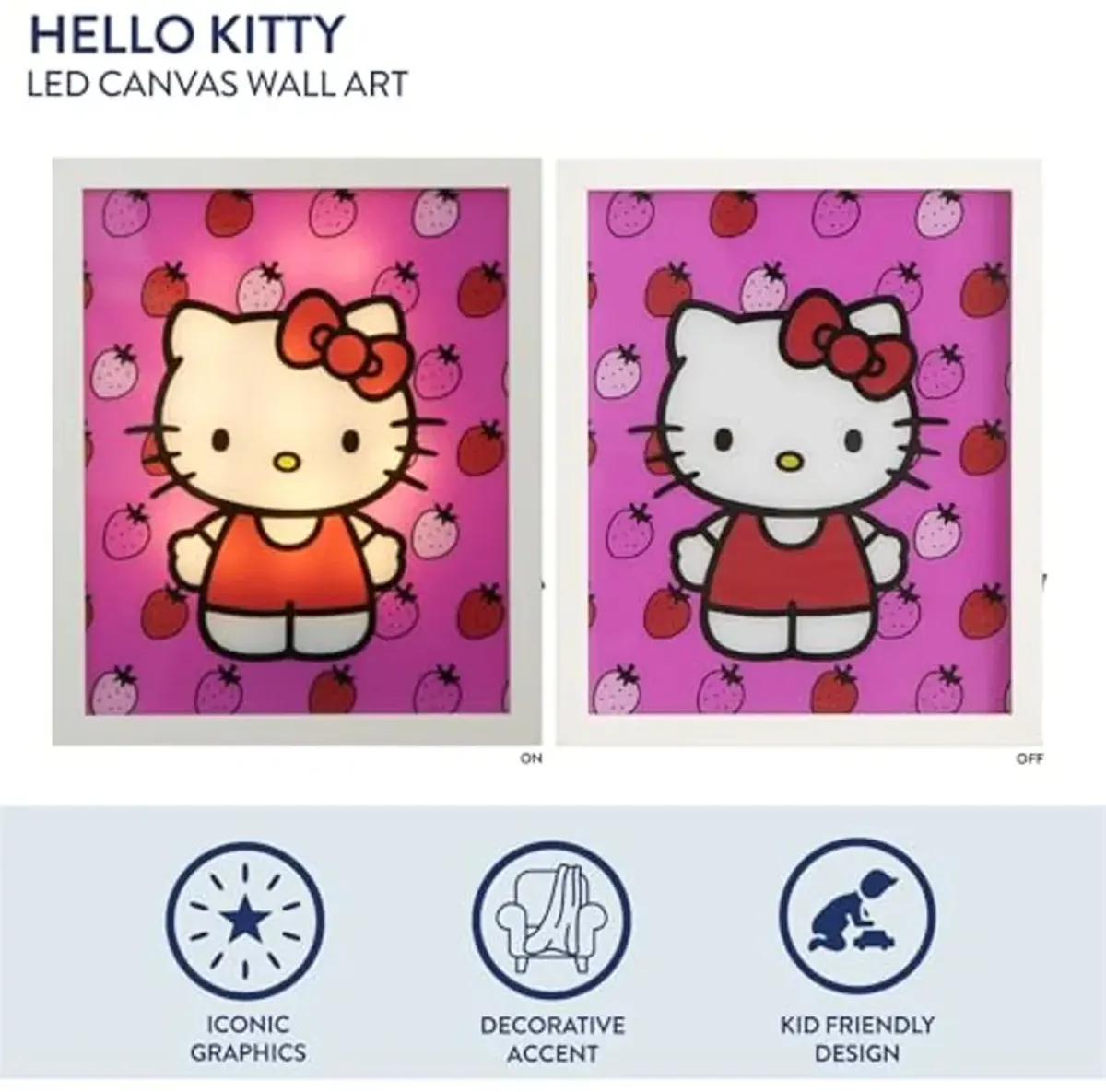 Idea Nuova Sanrio Hello Kitty Strawberry Canvas LED Glowing Wall Art Panel For Room Décor,11.5"x9.5"