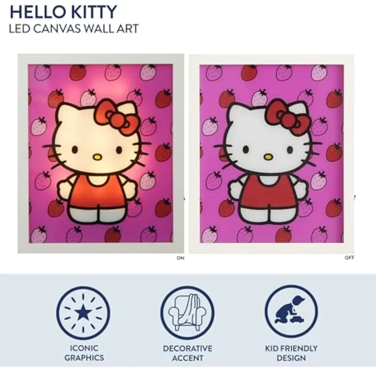 Idea Nuova Sanrio Hello Kitty Pink Bow LED Glowing Canvas Wall Art Panel for Room Décor,11.5"x9.5"