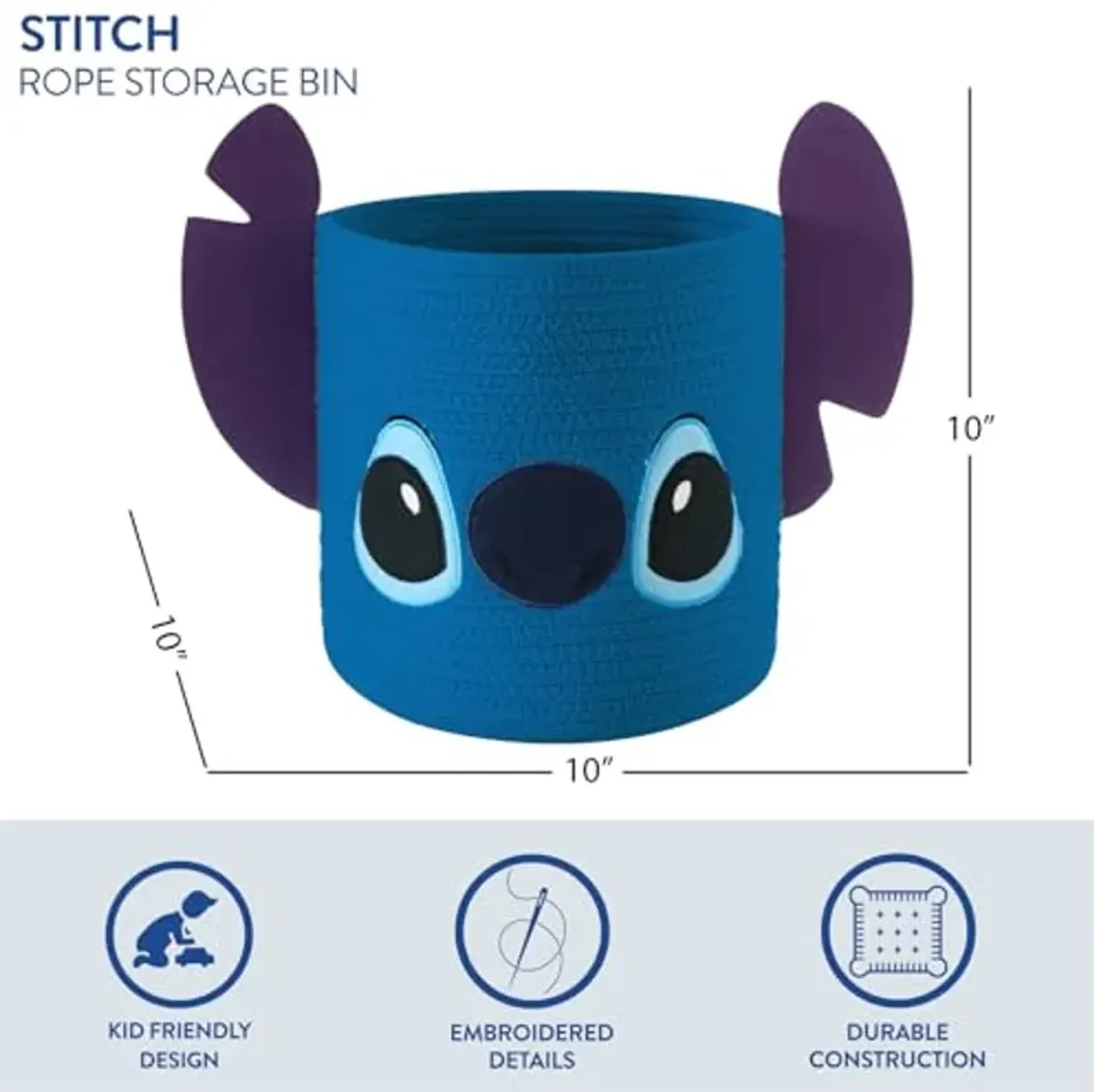 Idea Nuova Disney Stitch Figural Rope Storage Organizer Basket, 10" H x 10" W (Pack of 2)