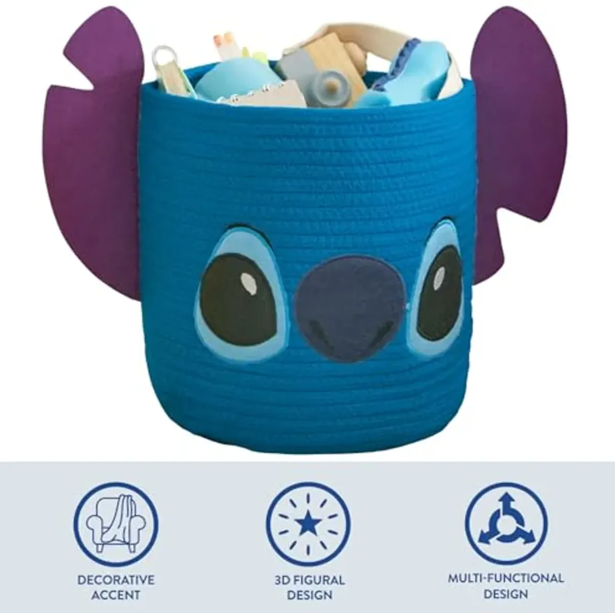 Idea Nuova Disney Stitch Figural Rope Storage Organizer Basket, 10" H x 10" W (Pack of 2)