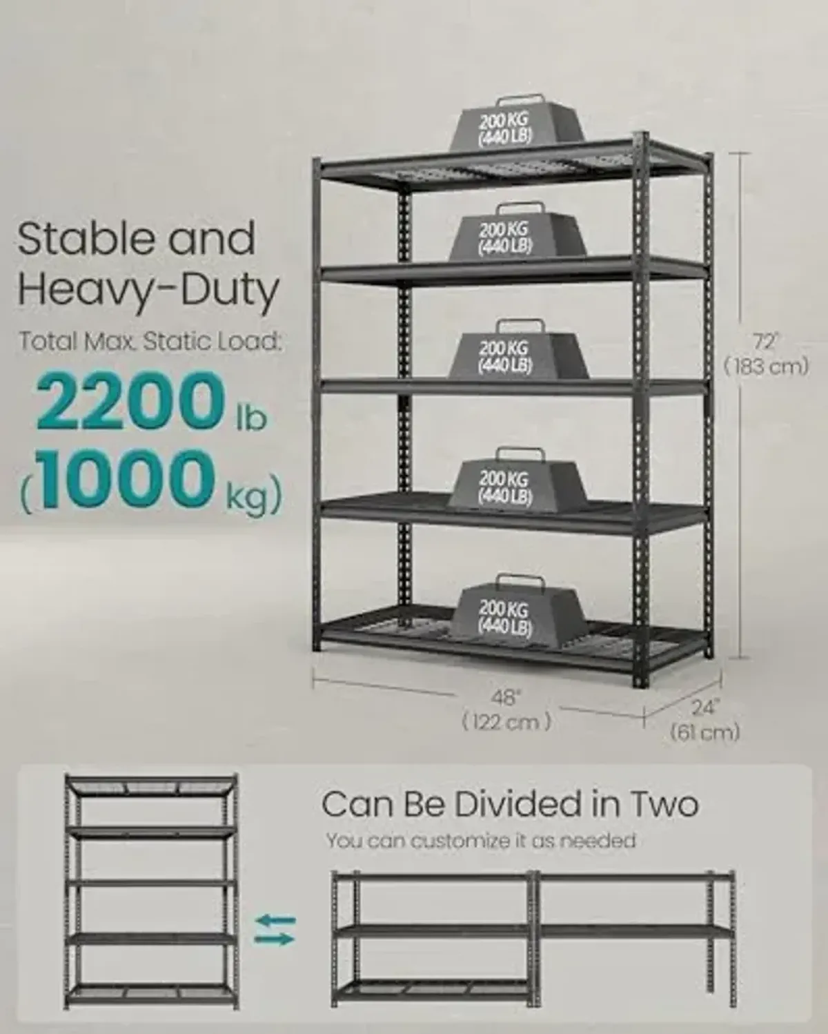 SONGMICS 5-Tier Storage Shelves, Heavy-Duty Garage Shelving, Adjustable Shelving Unit, Steel Shelf, Boltless Assembly, for Garage, 2,200 lb Load, 24 x 48 x 72 Inches, Ink Black UGLR454B01