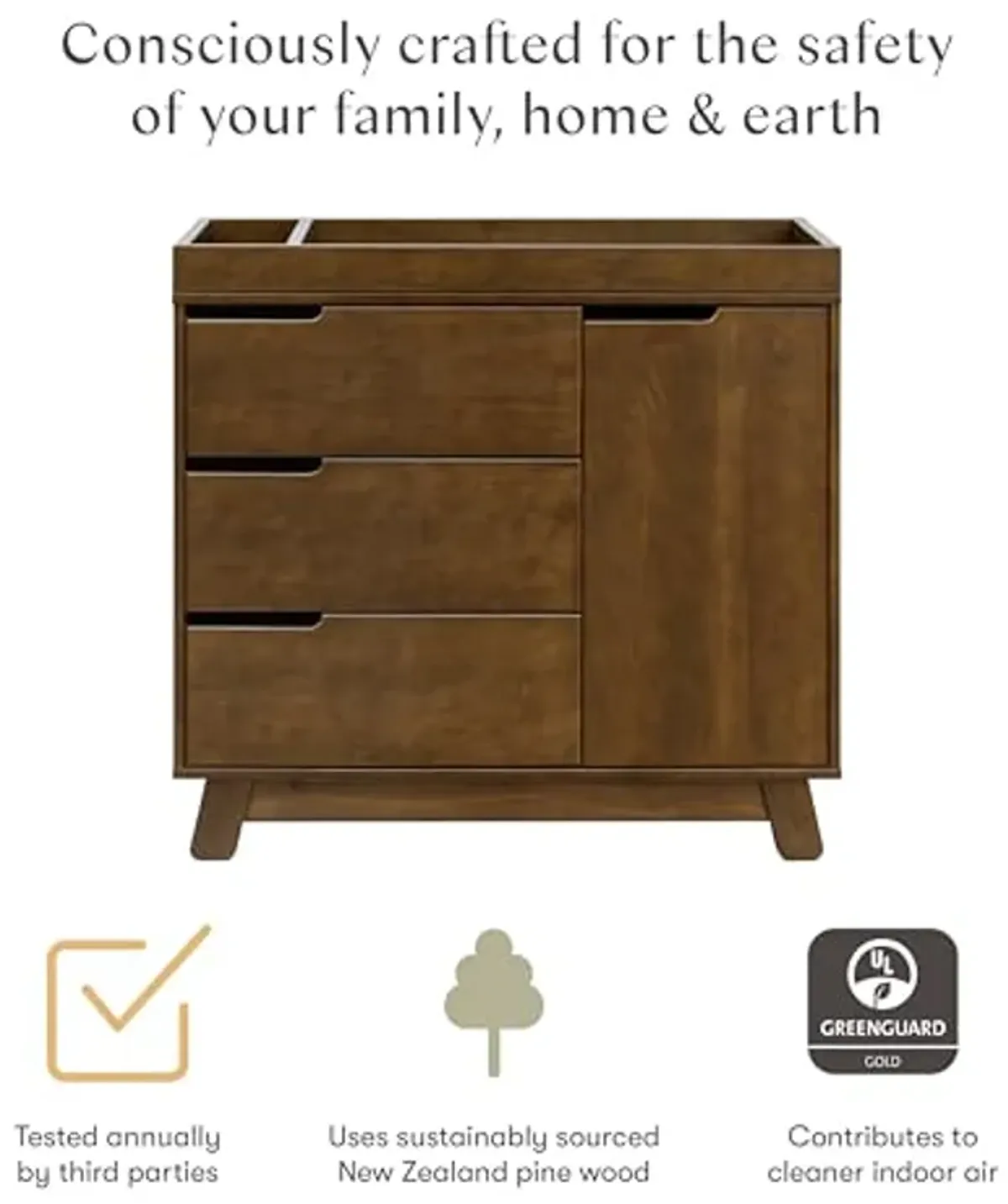 Babyletto Hudson 3-Drawer Changer Dresser with Removable Changing Tray in Natural Walnut, Greenguard Gold Certified