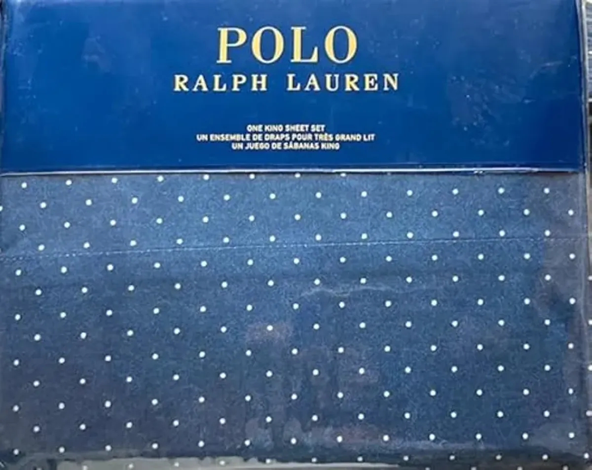 POLO Ralph Lauren Sommerville White dots Navy Blue Ground 100% Thick Crisp Cotton Sheet Set (King (U.S. Standard))