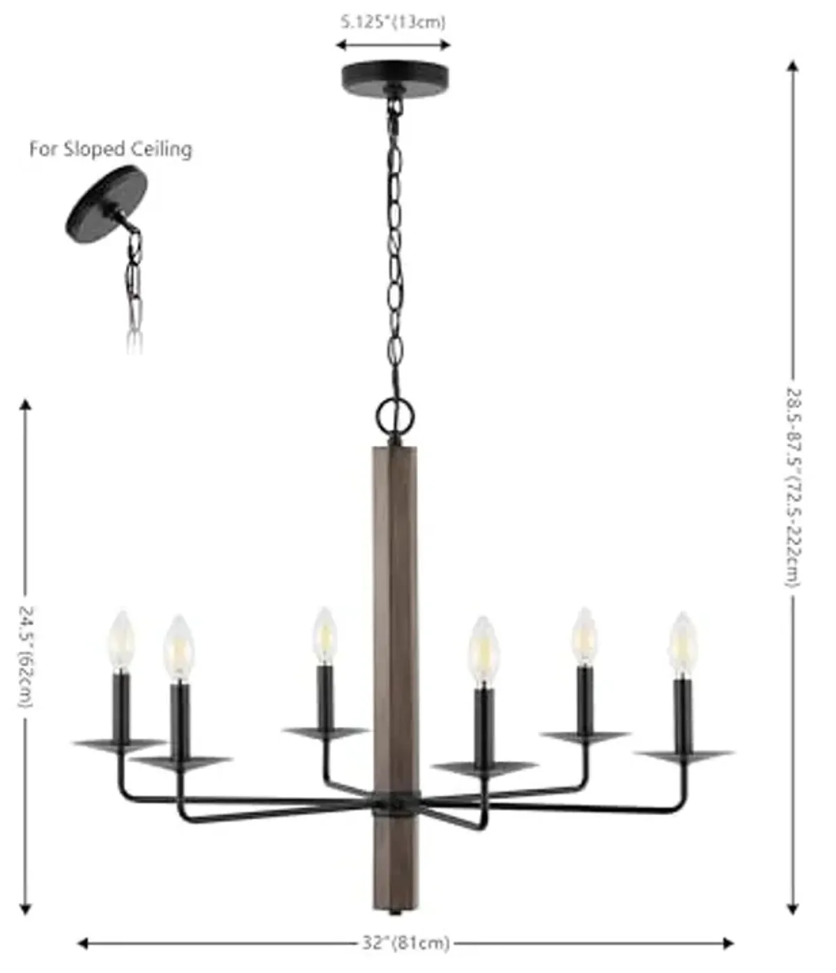 SAFAVIEH Lighting Collection Penbrook Black/Walnut 6-Light Candelabra Hanging Adjustable Chandelier Light Fixture (LED Bulbs Included)