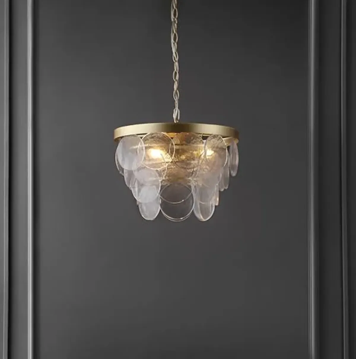 SAFAVIEH Lighting Collection Chrys Glass/Gold 3-Light Adjustable Hanging Adjustable Chandelier Light Fixture (LED Bulbs Included)