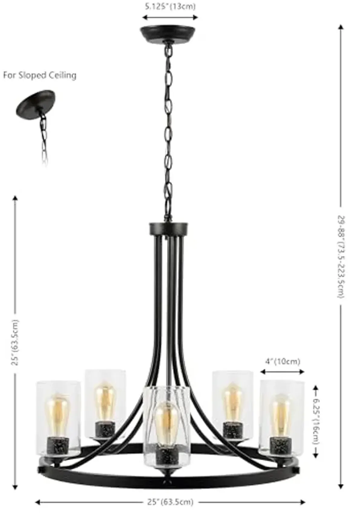 SAFAVIEH Lighting Collection Modern Emersyn Black/Glass 5-Light Round Wagon Wheel Hanging Adjustable Chandelier Light Fixture (LED Bulbs Included)