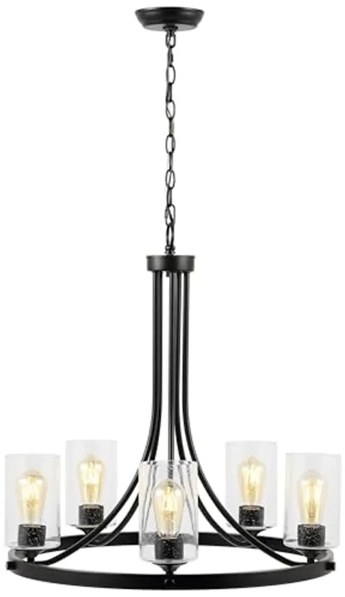 SAFAVIEH Lighting Collection Modern Emersyn Black/Glass 5-Light Round Wagon Wheel Hanging Adjustable Chandelier Light Fixture (LED Bulbs Included)