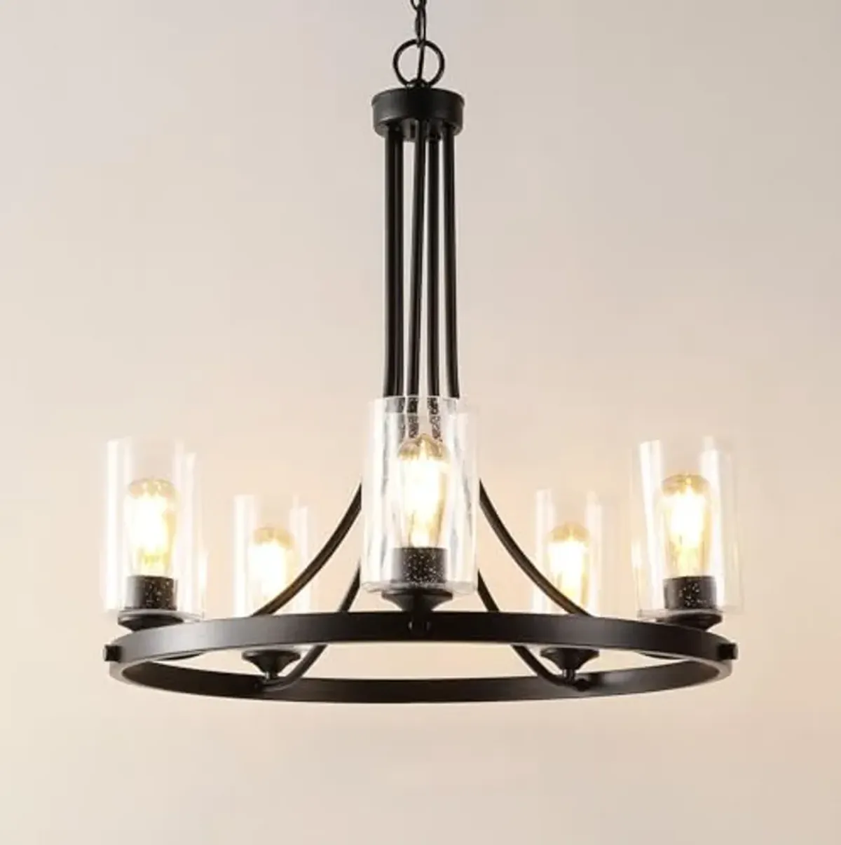 SAFAVIEH Lighting Collection Modern Emersyn Black/Glass 5-Light Round Wagon Wheel Hanging Adjustable Chandelier Light Fixture (LED Bulbs Included)